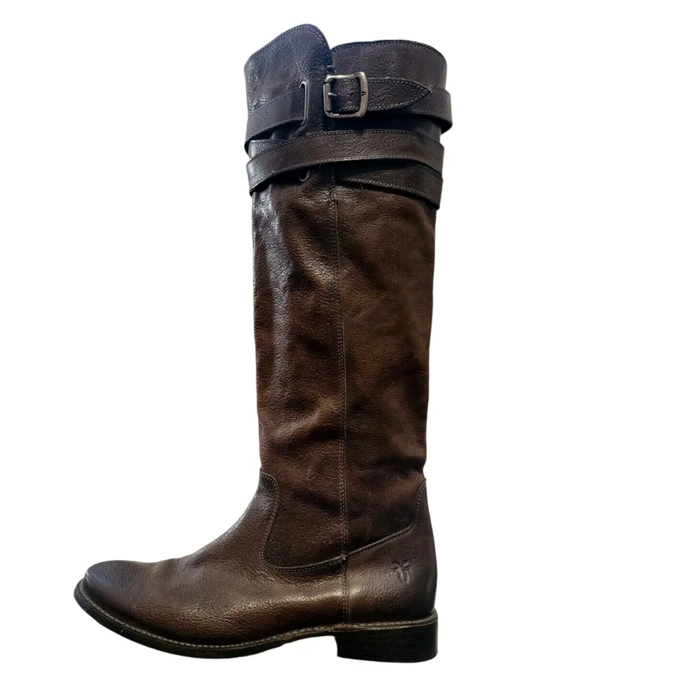 Frye Tall Riding Boots Shirley Strappy Women Brown Leather Buckle Zipper 8 B